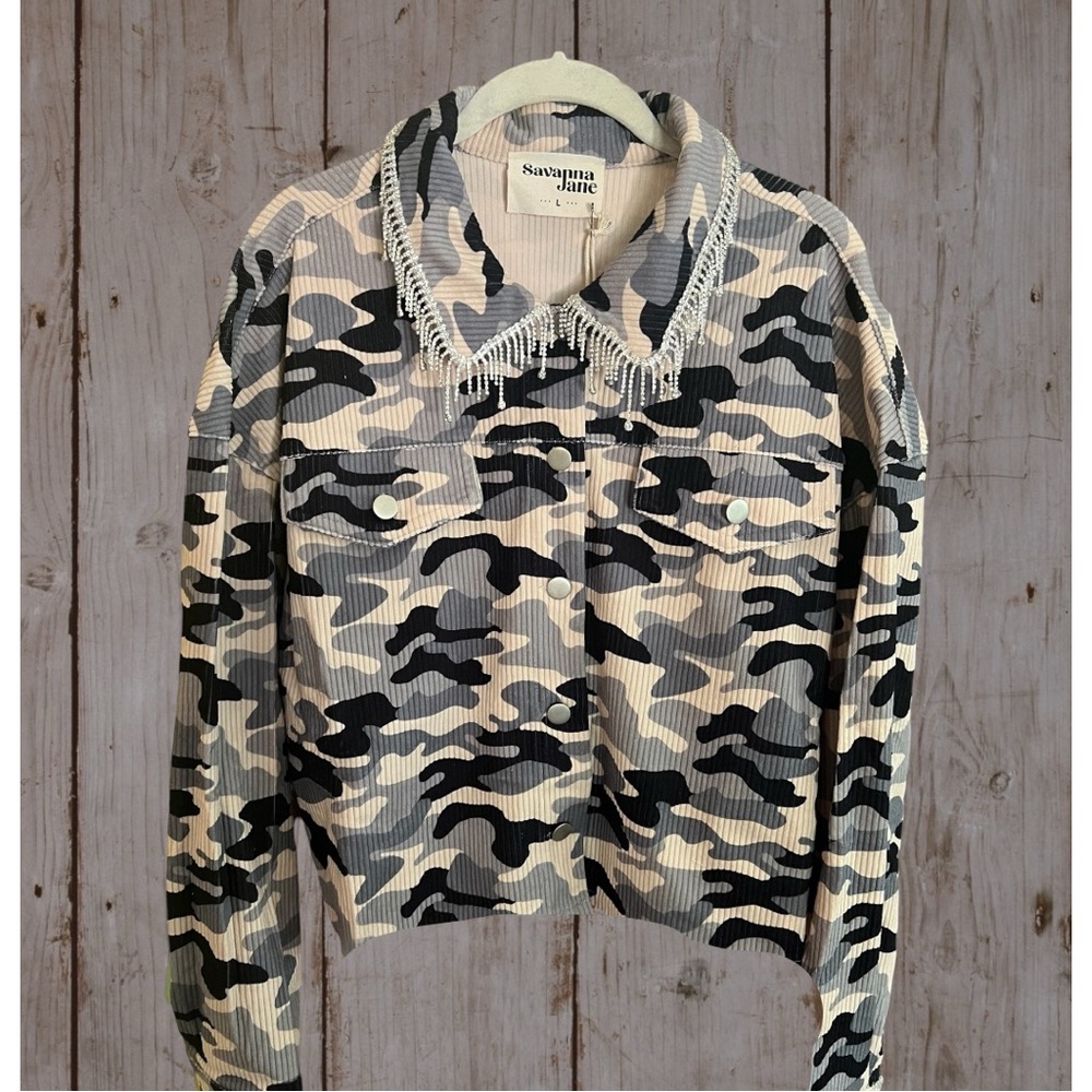 Savanna Jane Bedazzled Camouflage Cropped Jacket in Neutral Camo